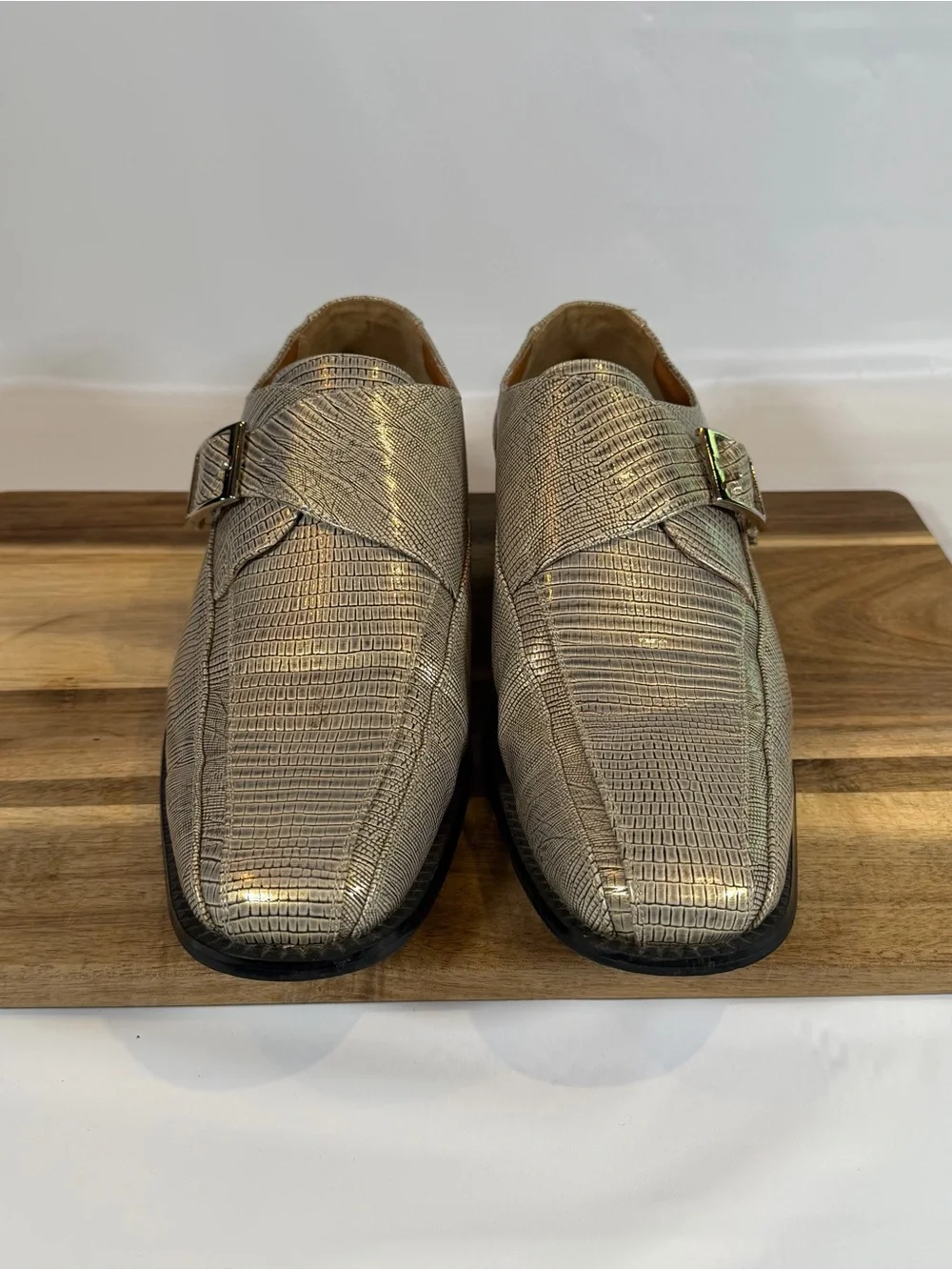 Aldo Bellini Metallic Silver Textured Monk Strap Dress Shoes 12 Snakeskin print